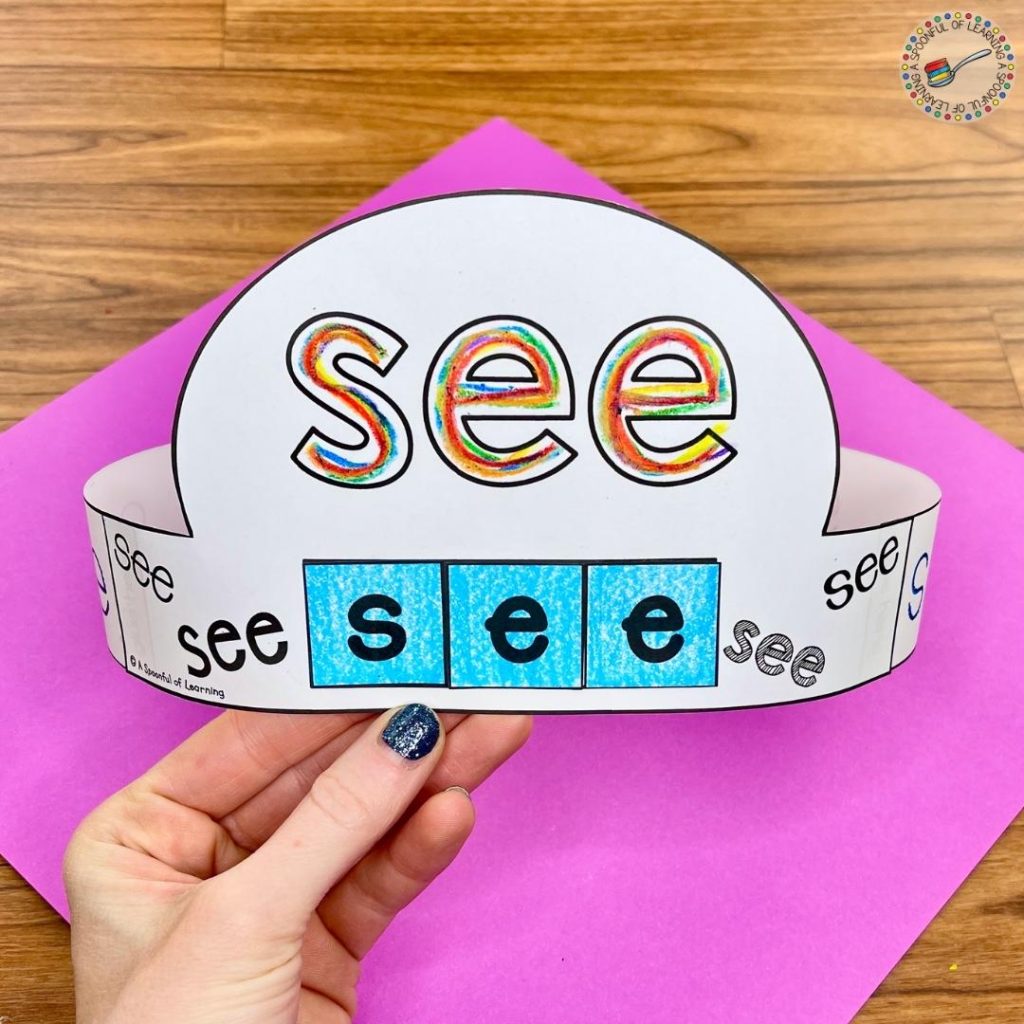 This interactive sight word activity involves the students building a hat for the sight word "see". They rainbow writing the sight word "see", then build the sight word with letters, while also visually seeing the word all along the sides of their hat.