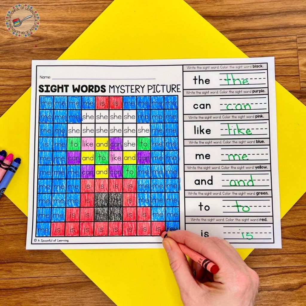 For this sight word activity, the students will write each sight word. Then the students will use the color code to find and color the sight words in the boxes. When all of the boxes are colored correctly, a mystery picture is revealed.