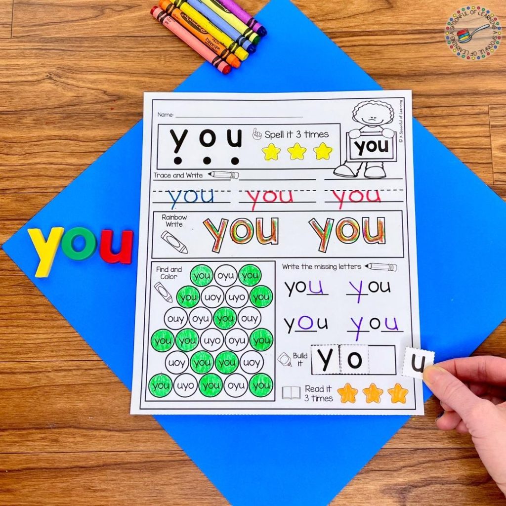 An example of a sight word practice worksheet for the sight word "you". The students spells the sight word "you" and colors in a star each time they spell the sight word correctly. Then the students will trace and write the sight word "you". Students will rainbow write the sight word. Next, they will find and color the sight word "you".  They will use problem solving to write the missing letters of the sight word "you". The students will build the sight word "you" and read the sight word "you" aloud while coloring in a star each time they read the sight word "you" aloud.