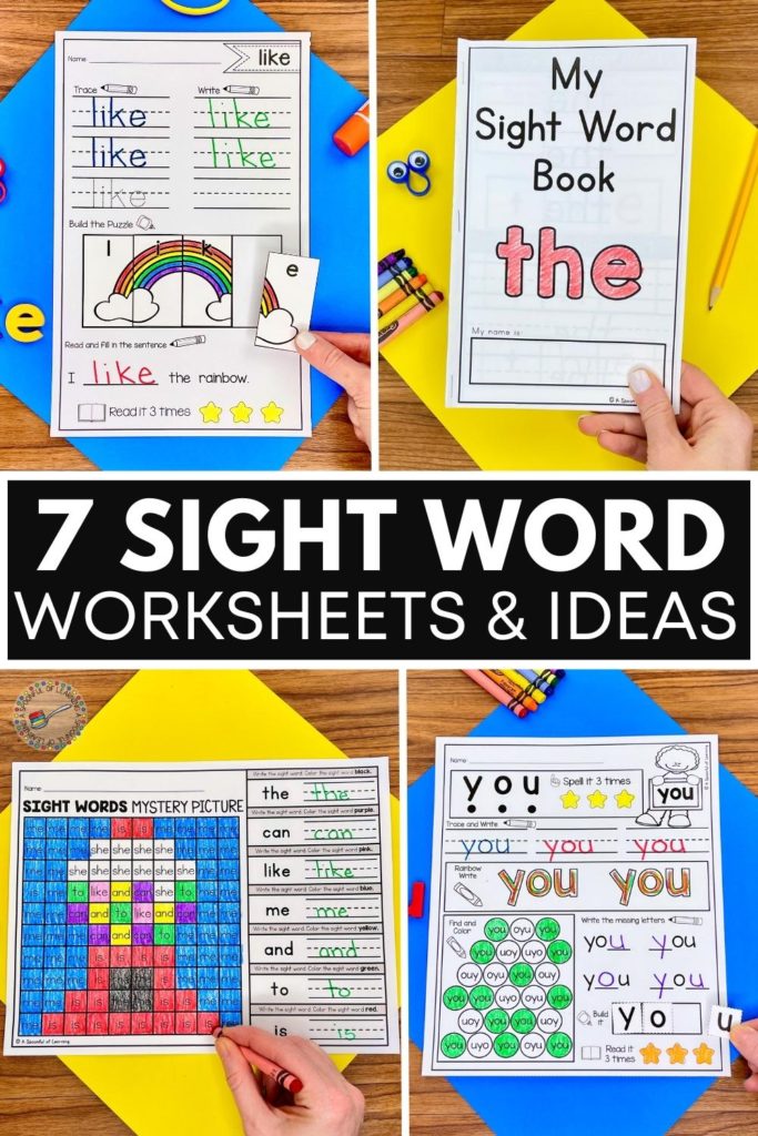 These are different examples of sight word activities that students can use to learn, identify and practice reading and writing sight words.