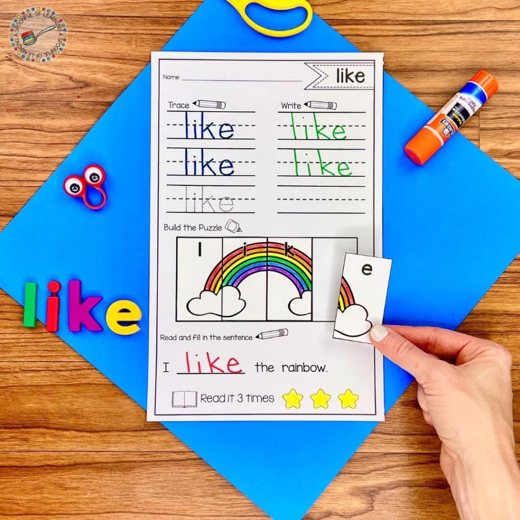 On this sight word printable activity, the students are focusing on the sight word "like". They will trace and write the sight word "like".  Next, they will cut out the puzzle pieces and build the word to reveal a mystery picture. The students use the sight word "like" to fill in the blank in the sentence and then they read the sentence aloud. Each time they read the sentence out loud, they will color in a star until they've colored all three stars.