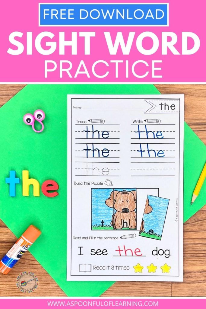 A sight word worksheet where students are practicing the sight word "the". Students trace the sight word and write the sight word "the". Then, they cut out puzzle pieces to build the sight word "the" to reveal a picture. They write the sight word "the" in the sentence to make it complete and read it aloud three times while coloring in a star each time they read the sentence.