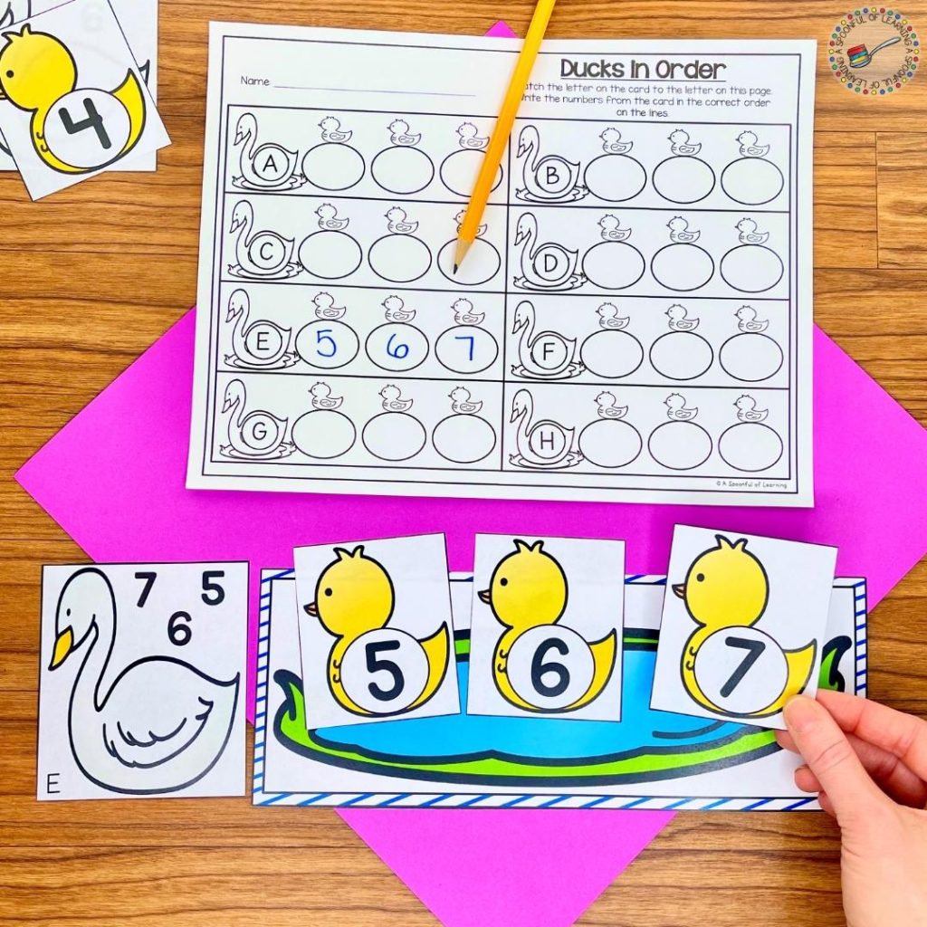 This ducks in order math center is perfect to introduce to students in spring! Students find the scrambled numbers on the white duck. Then, they use the yellow baby ducks to arrange the numbers in the correct order from least to greatest on the pond.