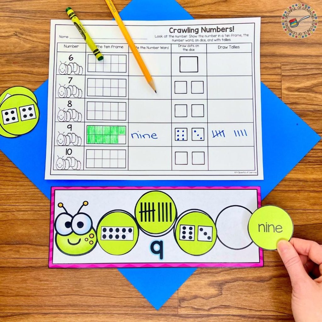 This kindergarten math center strengthens students' mental math skills! Students will sort circles that have ten frames, dice and number words on them for numbers 1-10 or 11-20.  Then, they use those circles to build a caterpillar. 