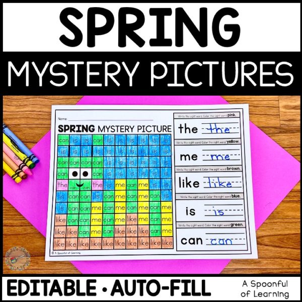 A completed spring mystery pictures worksheet where students write the sight words. Then they use the color code to find and color the sight words in the boxes. When all of the boxes are colored in correctly, a mystery picture is revealed. This mystery picture is a caterpillar.