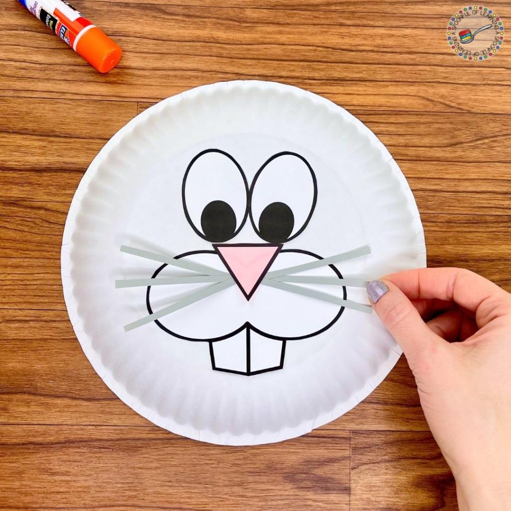 Making an Easter Bunny face on a paper plate using free templates.