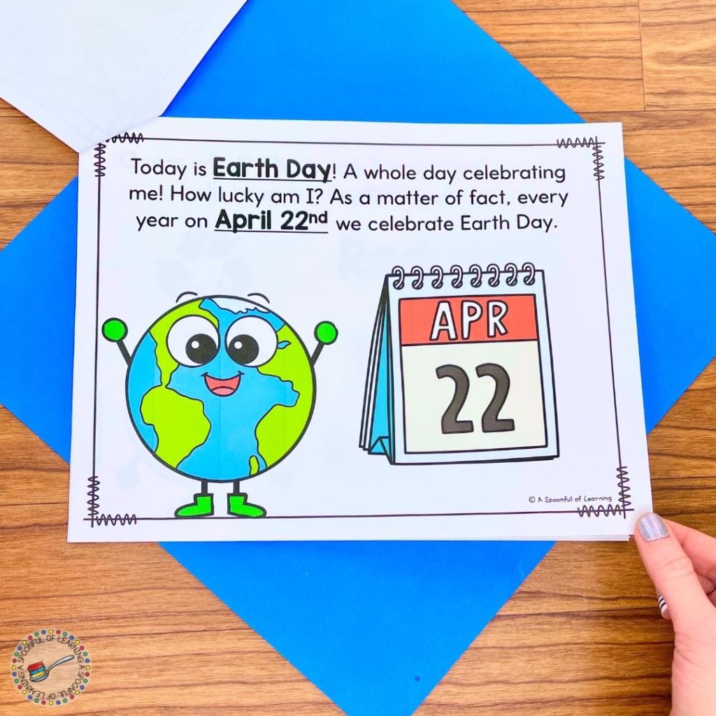 Inside page of Earth Day printable book, explaining what Earth Day is.