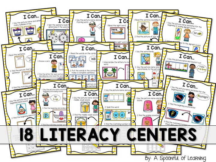 I Can visual instruction cards for 18 literacy center activities for May.