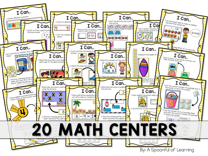 The I Can visual instruction cards for 20 math centers for May.