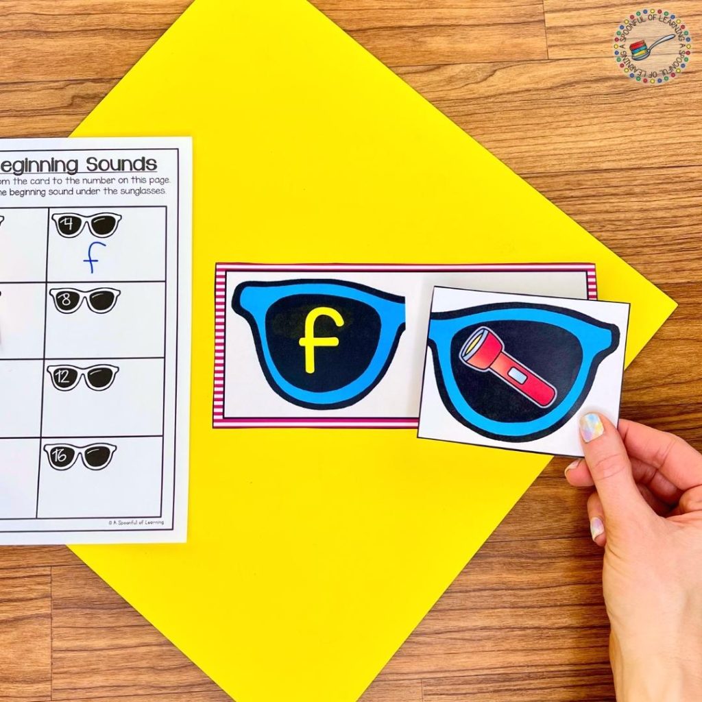 Matching sunglasses cards to create a full pair of sunglasses, based on beginning sounds.