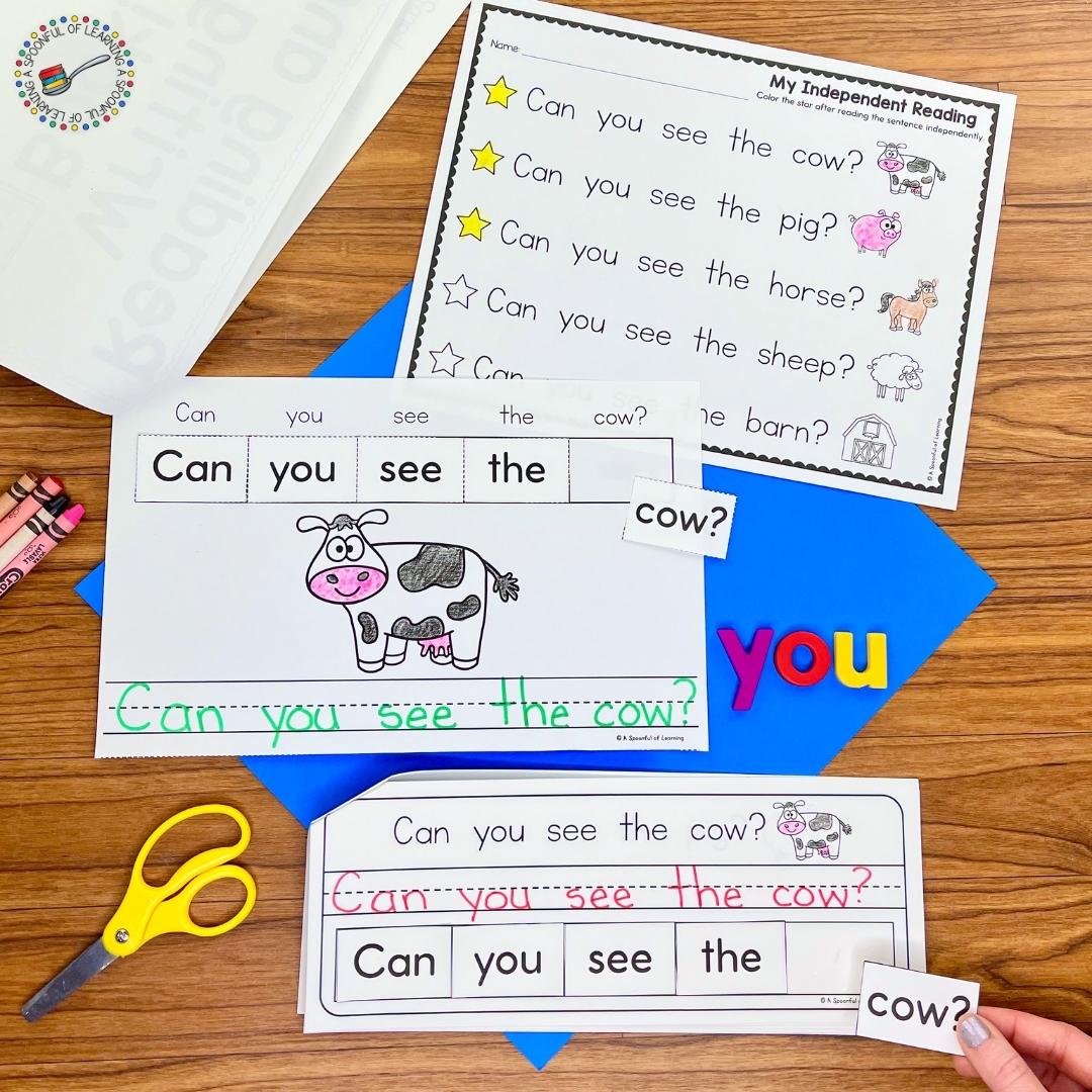 Everything included in the free sight word sentence scramble resource for the word "you"
