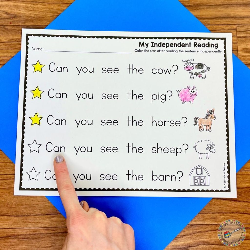 Independent reading worksheet being used for sight word reading assessment.