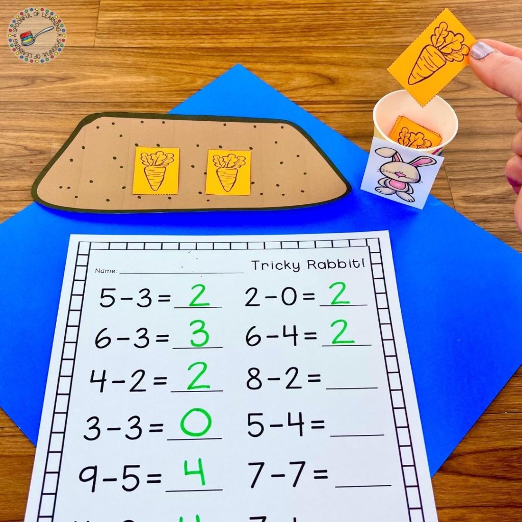 A hands-on and interactive subtraction activity where students practice acting out subtraction equations. Students place the correct number of carrots from the garden into the rabbit cup to show how many are left in the garden. Students record their answers on the subtraction worksheet.