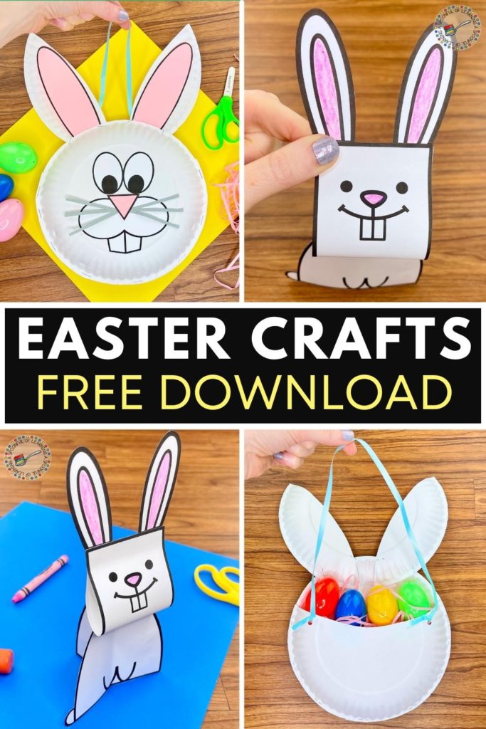 Examples of the free Easter craft ideas which include a 3D bunny craft and an Easter Bunny basket.