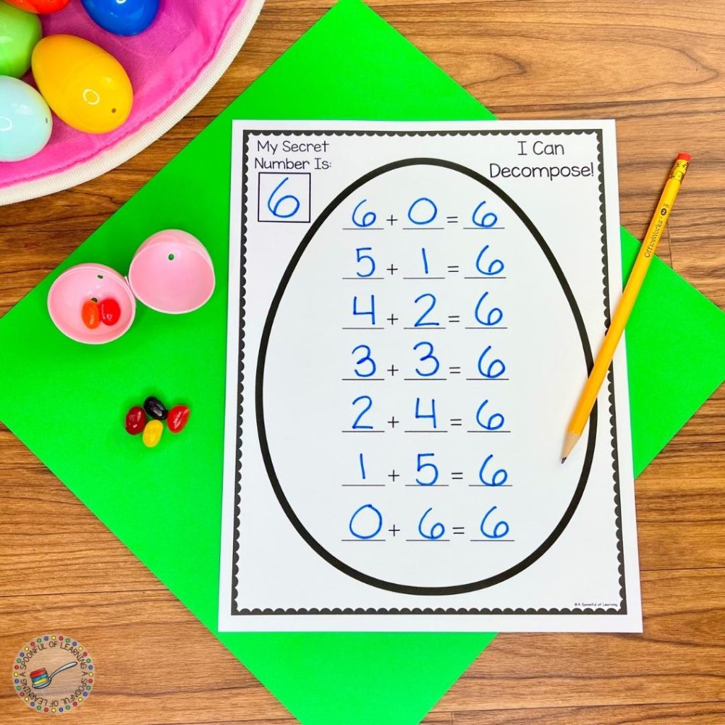 A completed decomposing numbers activity where students decompose a given number with jelly beans. They record all of the addition equations that go with that number on the decomposing numbers worksheet.