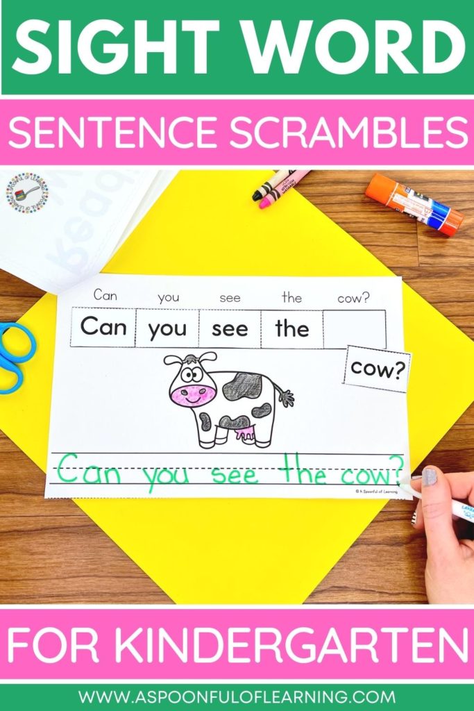 Sight word sentence scrambles for kindergarten.
