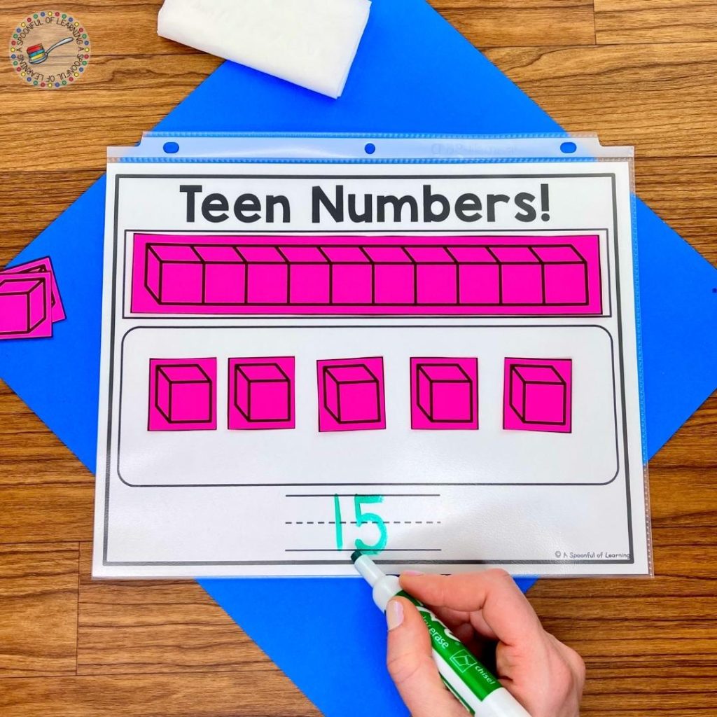 Modeling teen numbers with base ten blocks
