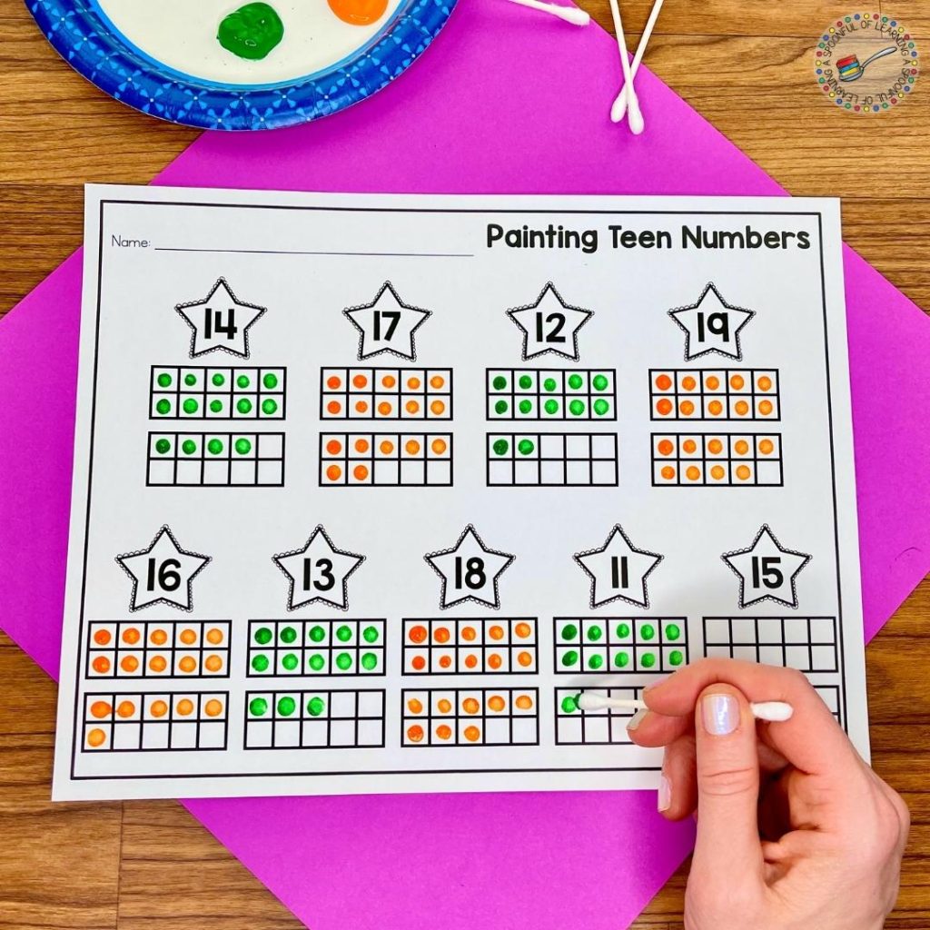 Q-tip painting for teen numbers on ten frames
