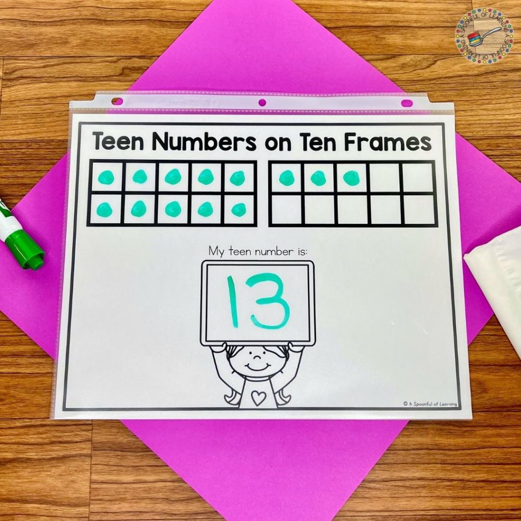 Write and wipe activity for teen numbers on ten frames