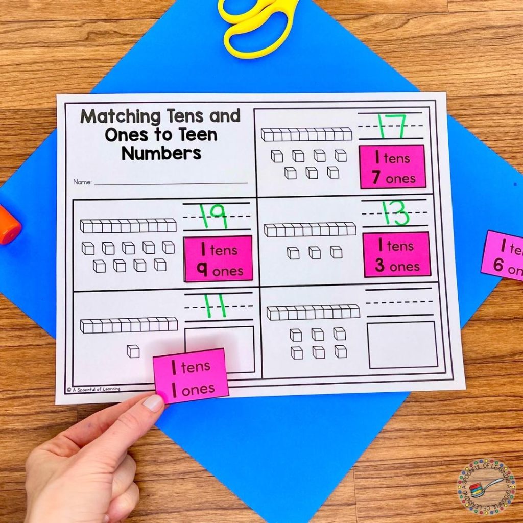 An activity matching tens and ones to teen numbers