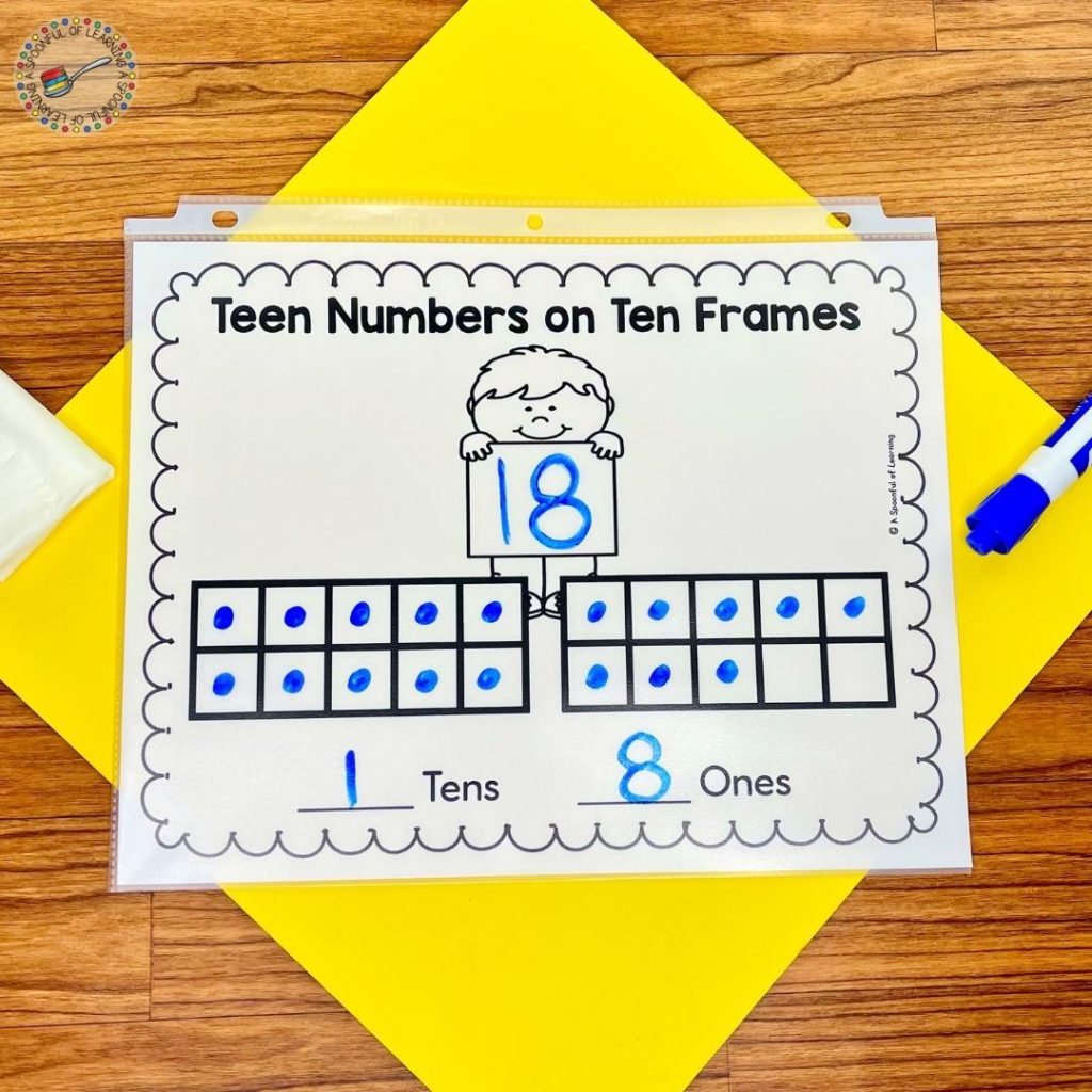 Teen numbers in ten frames mat in a sheet protector.