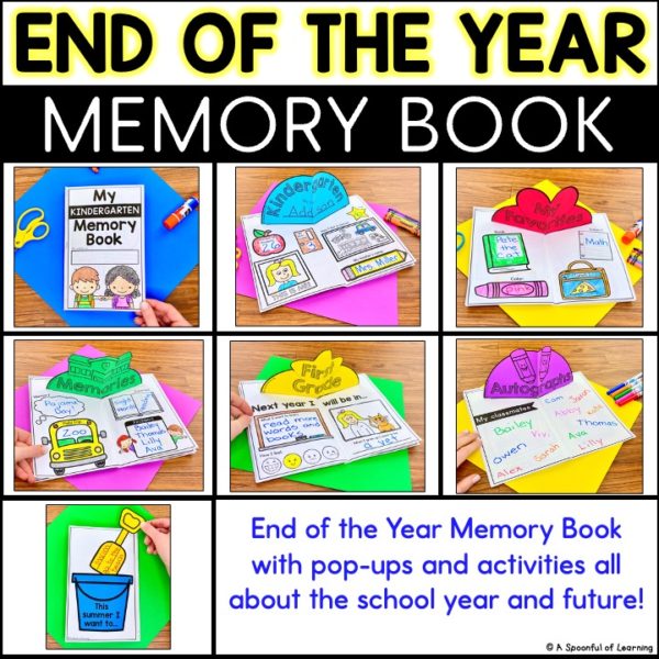 Each page of the end of the year memory book that included pop-ups, writing, pictures, and a craft.