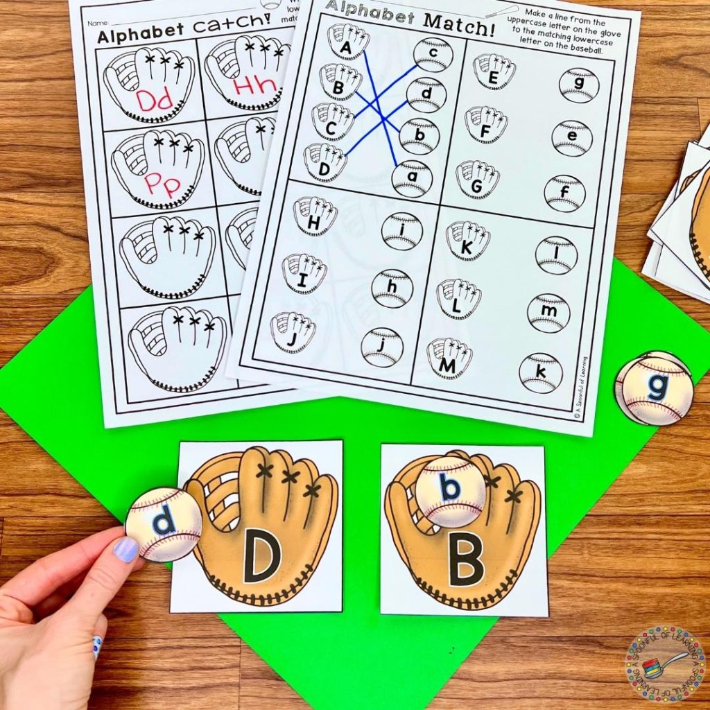Baseball themed alphabet center, with lowercase letters being matched to uppercase letters