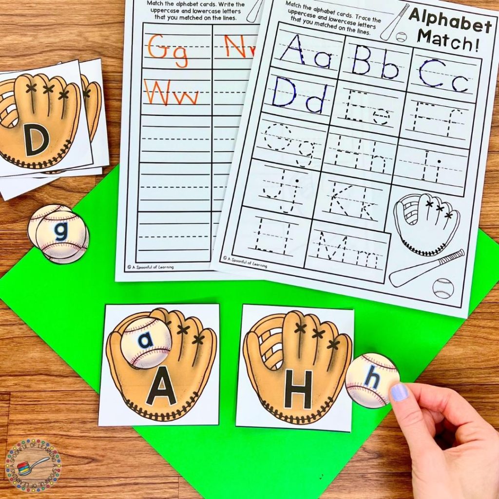 Baseball themed alphabet center with two letter writing recording sheets.