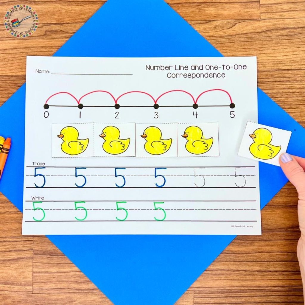 Lining up paper duck pictures below a number line