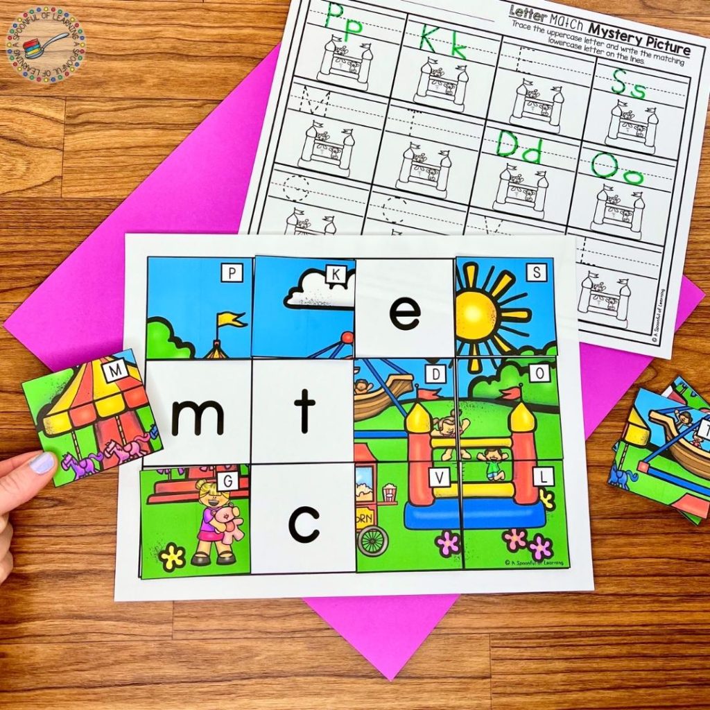 Matching uppercase to lowercase letters to complete a colorful puzzle.