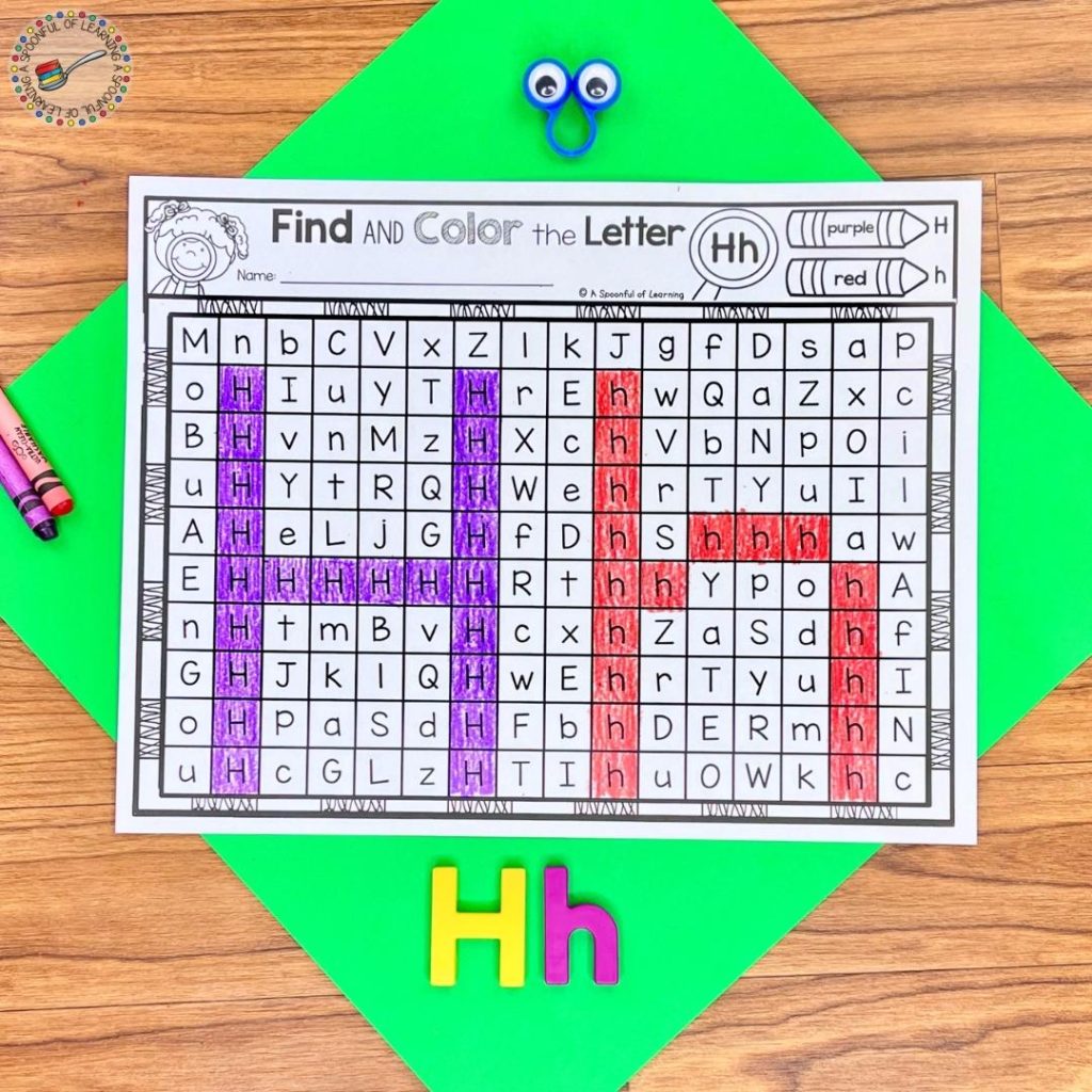 A find and color activity for the letter Hh.