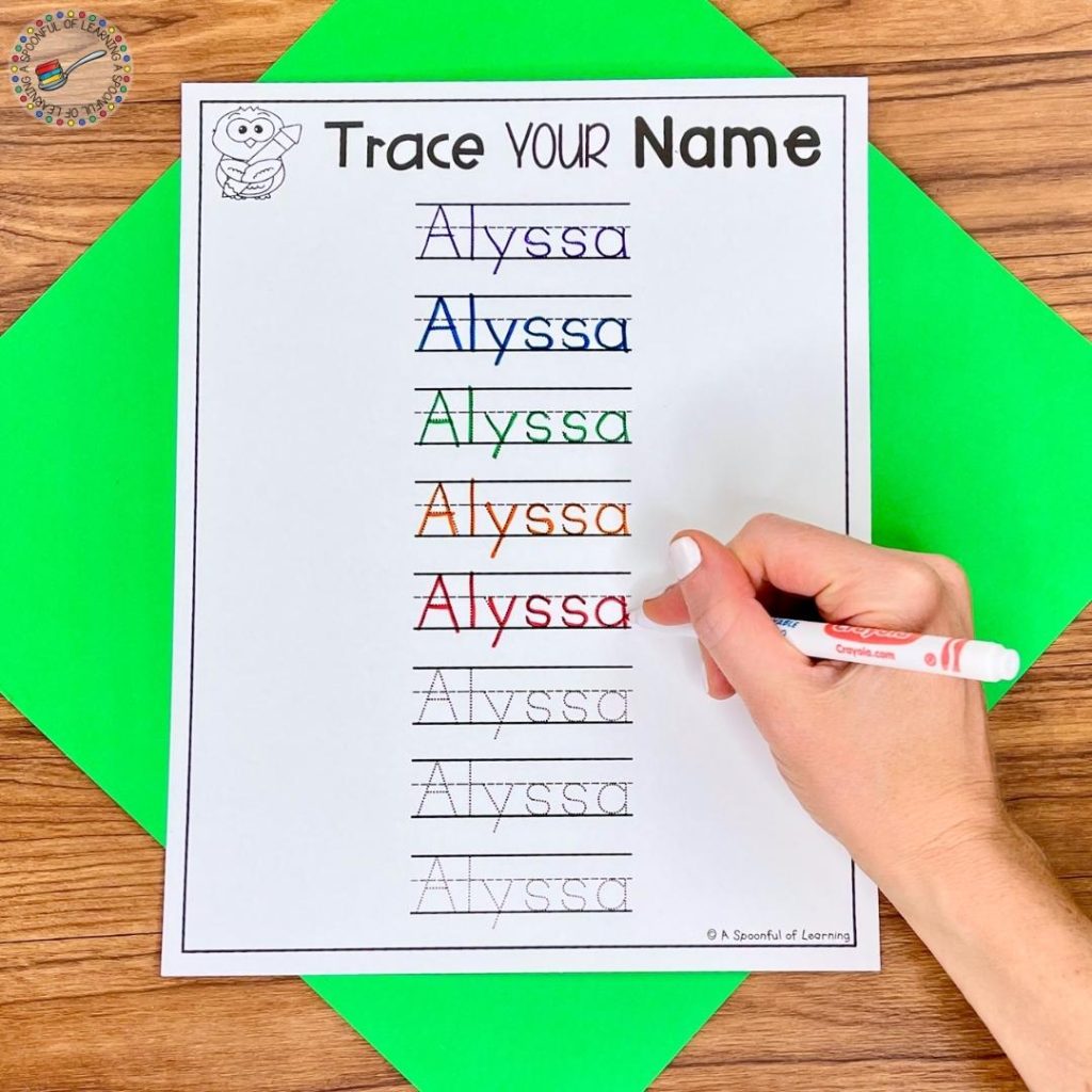 A name tracing activity with each name traced in a different color