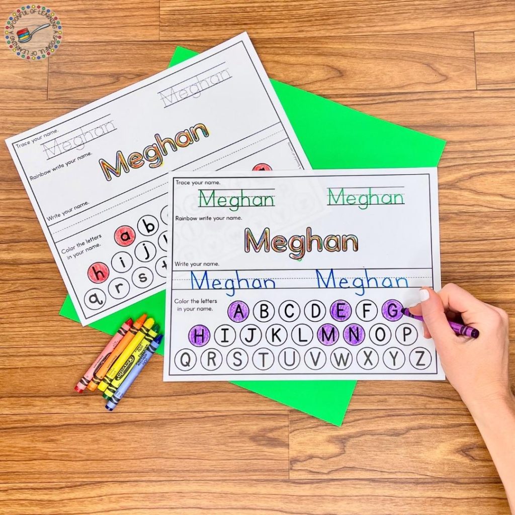 A name practice worksheet with tracing, writing, rainbow writing, and letter find