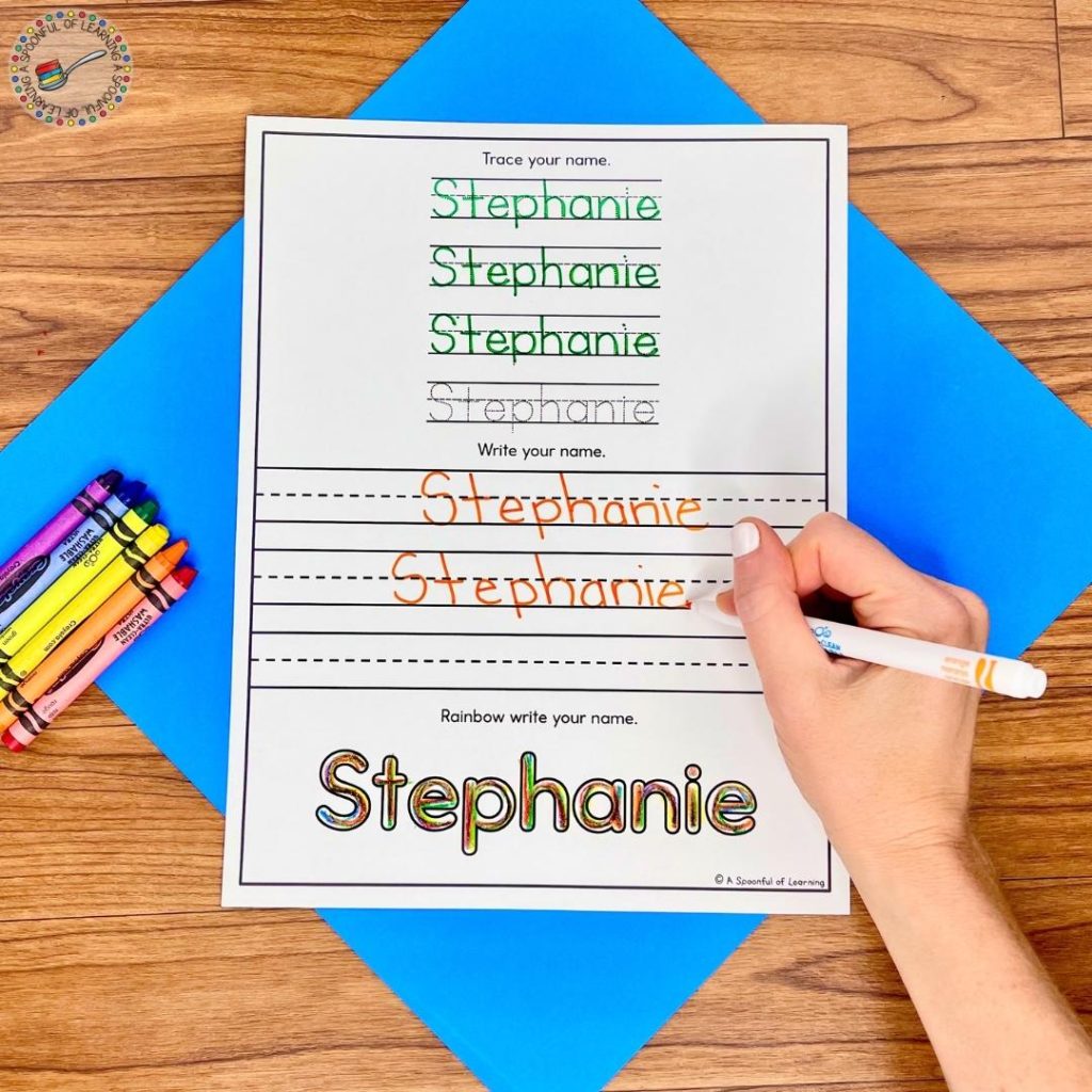 A worksheet that has name tracing, name writing, and rainbow writing