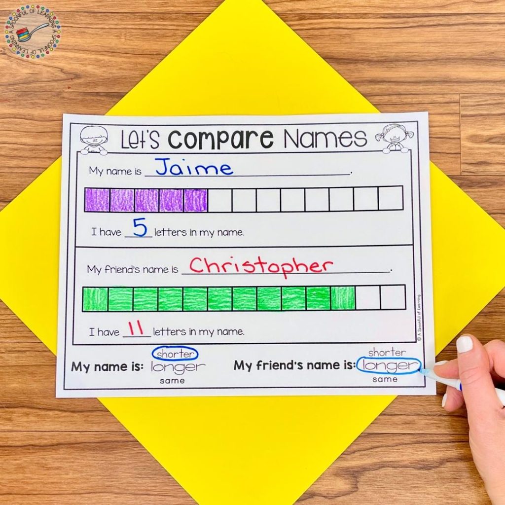 A worksheet that compares the length of two names for kindergarten name practice