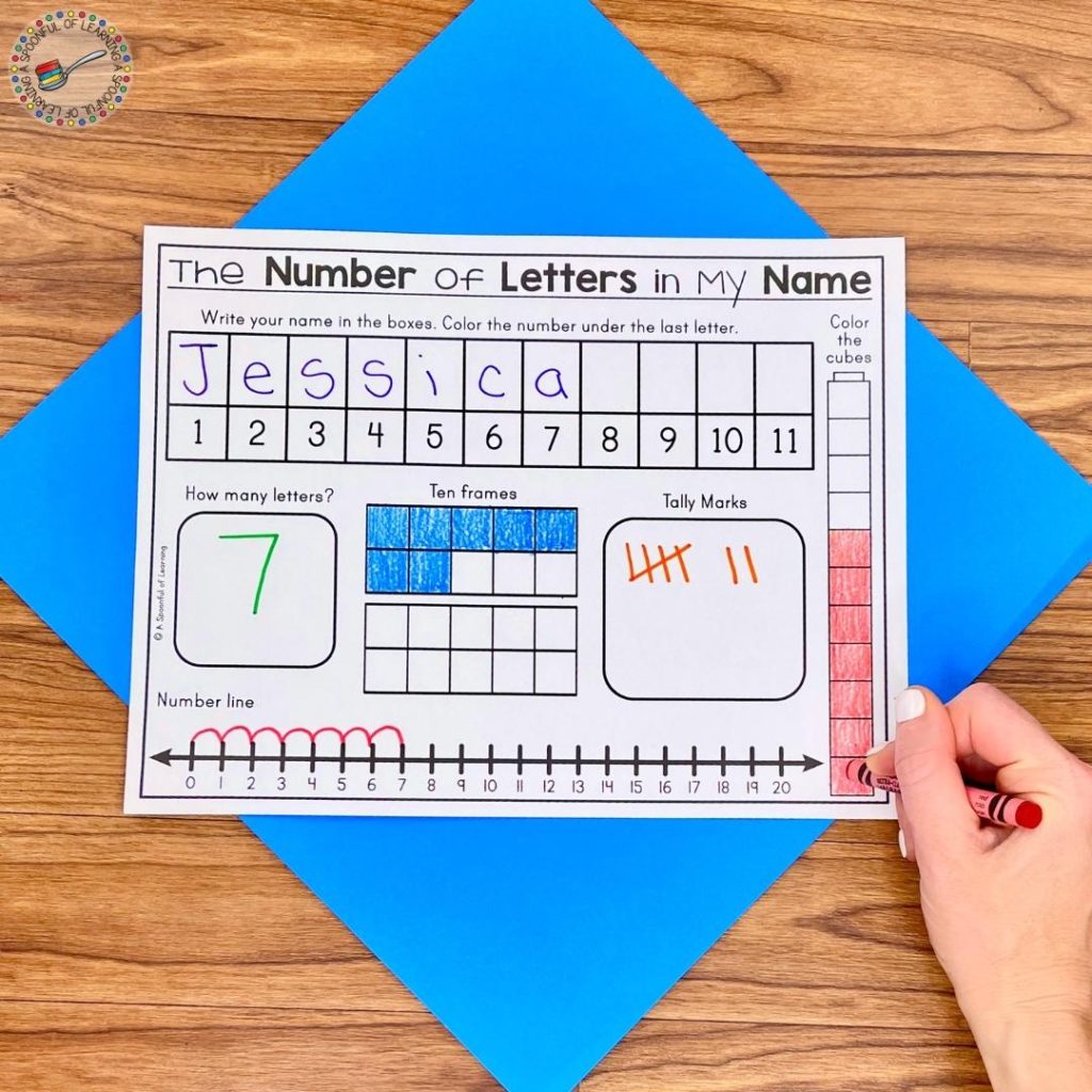 A number sense worksheet with name letter counting