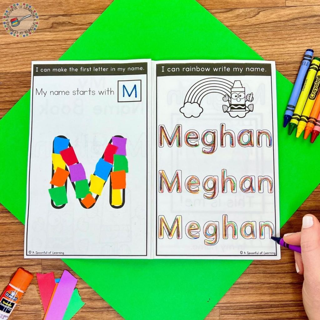 Printable name book with rainbow writing and first letter practice