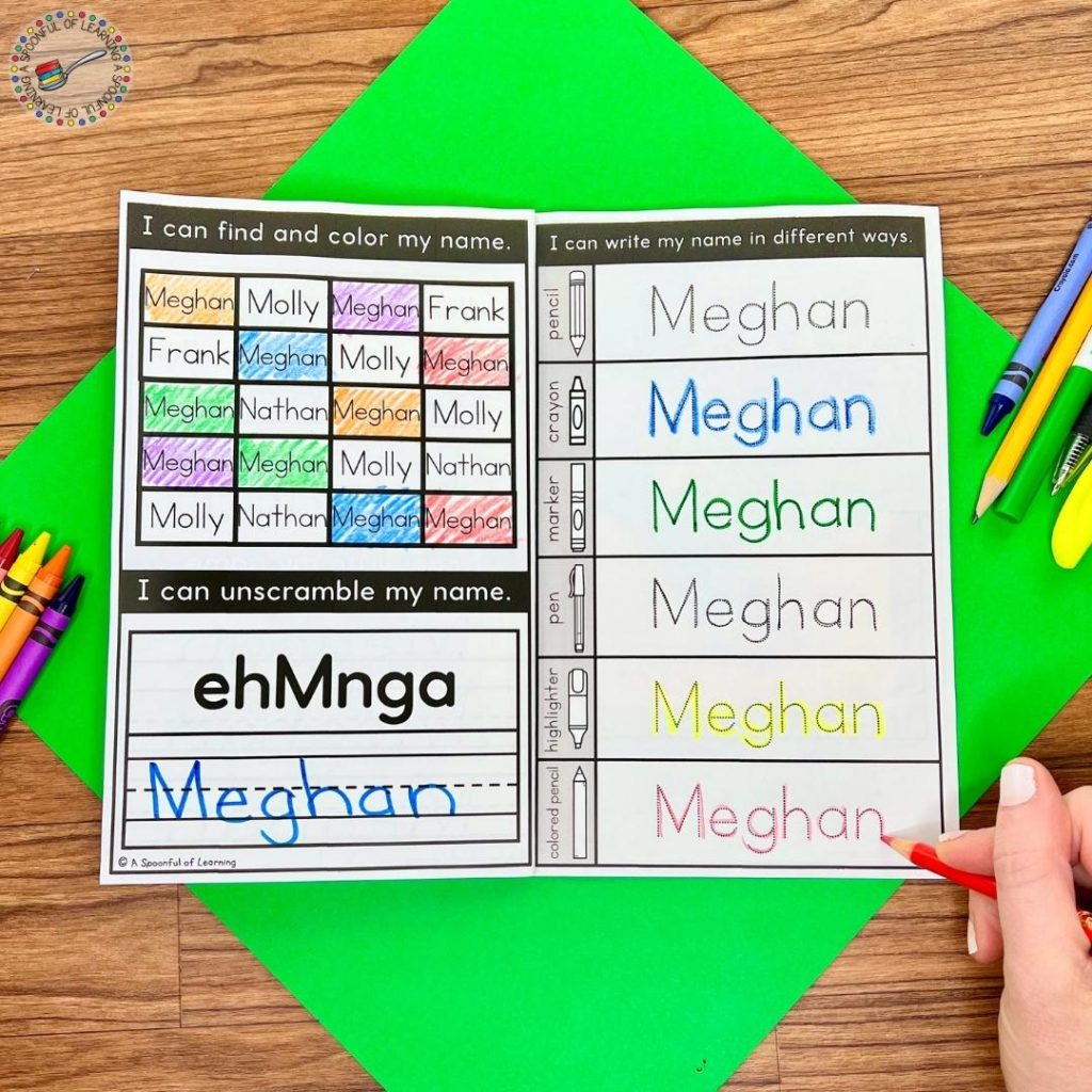 Name tracing and recognition pages of a printable name book