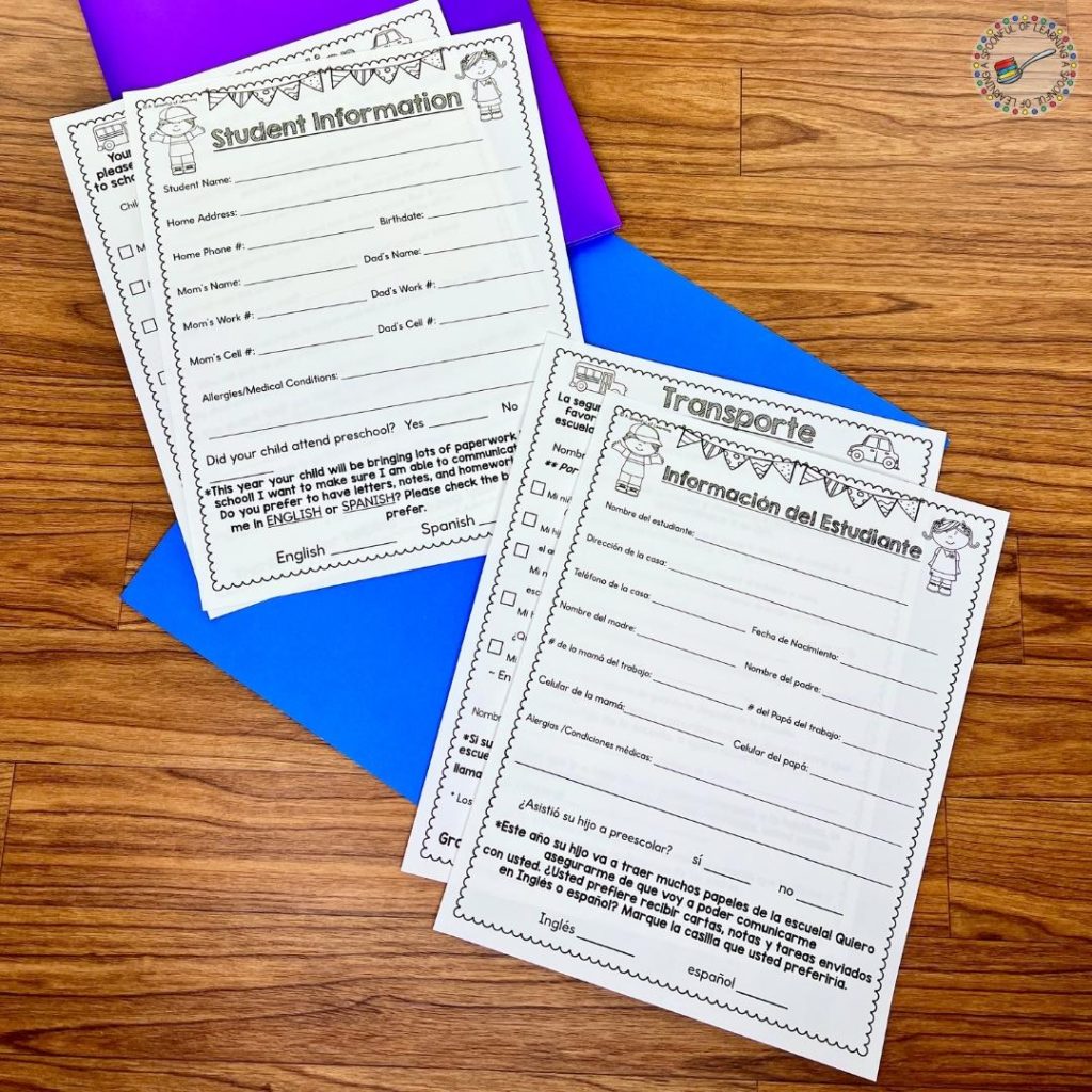 Spanish and English parent information forms being used at Meet the Teacher Night
