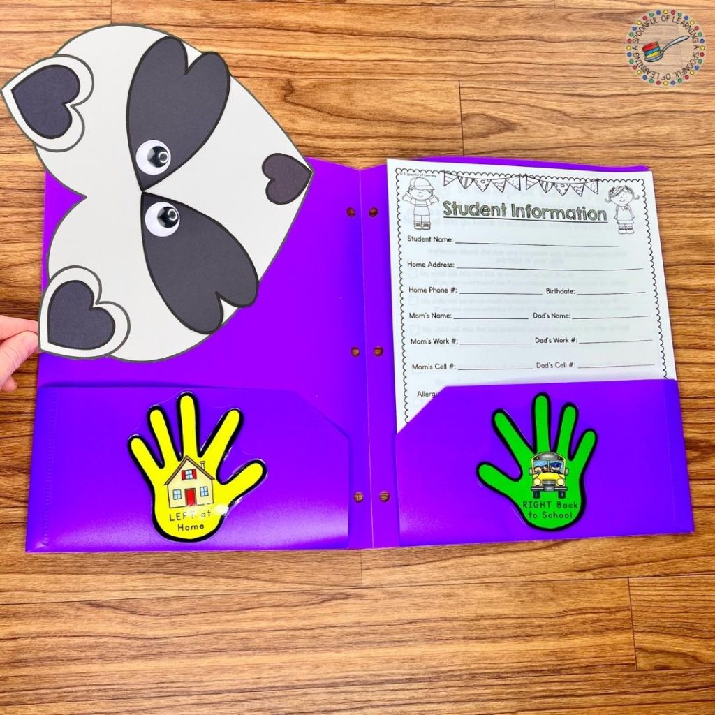 Take home folder being filled with first day of school activities