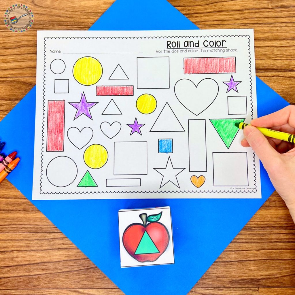 A roll, find and color activity for shape recognition