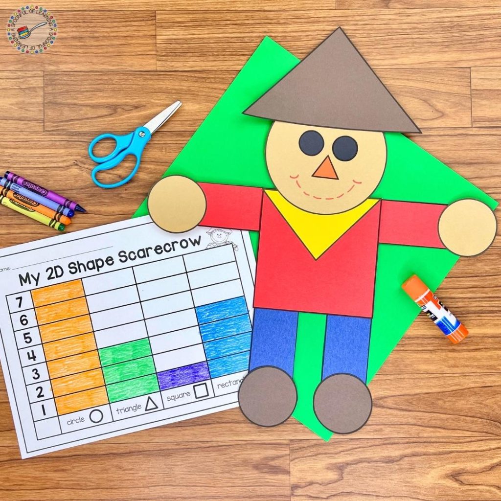 A scarecrow craft made of 2D shapes, along with a graphing activity