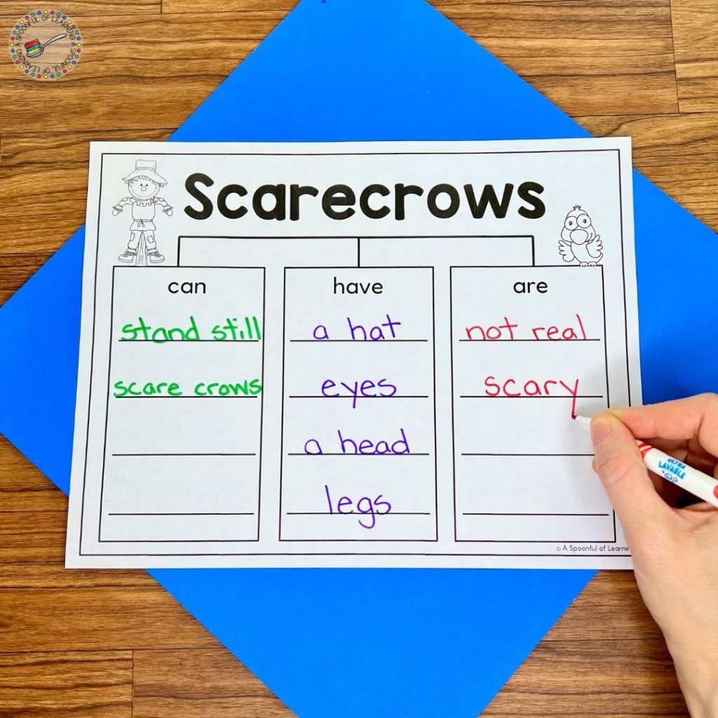 Completing an All About Scarecrows graphic organizer