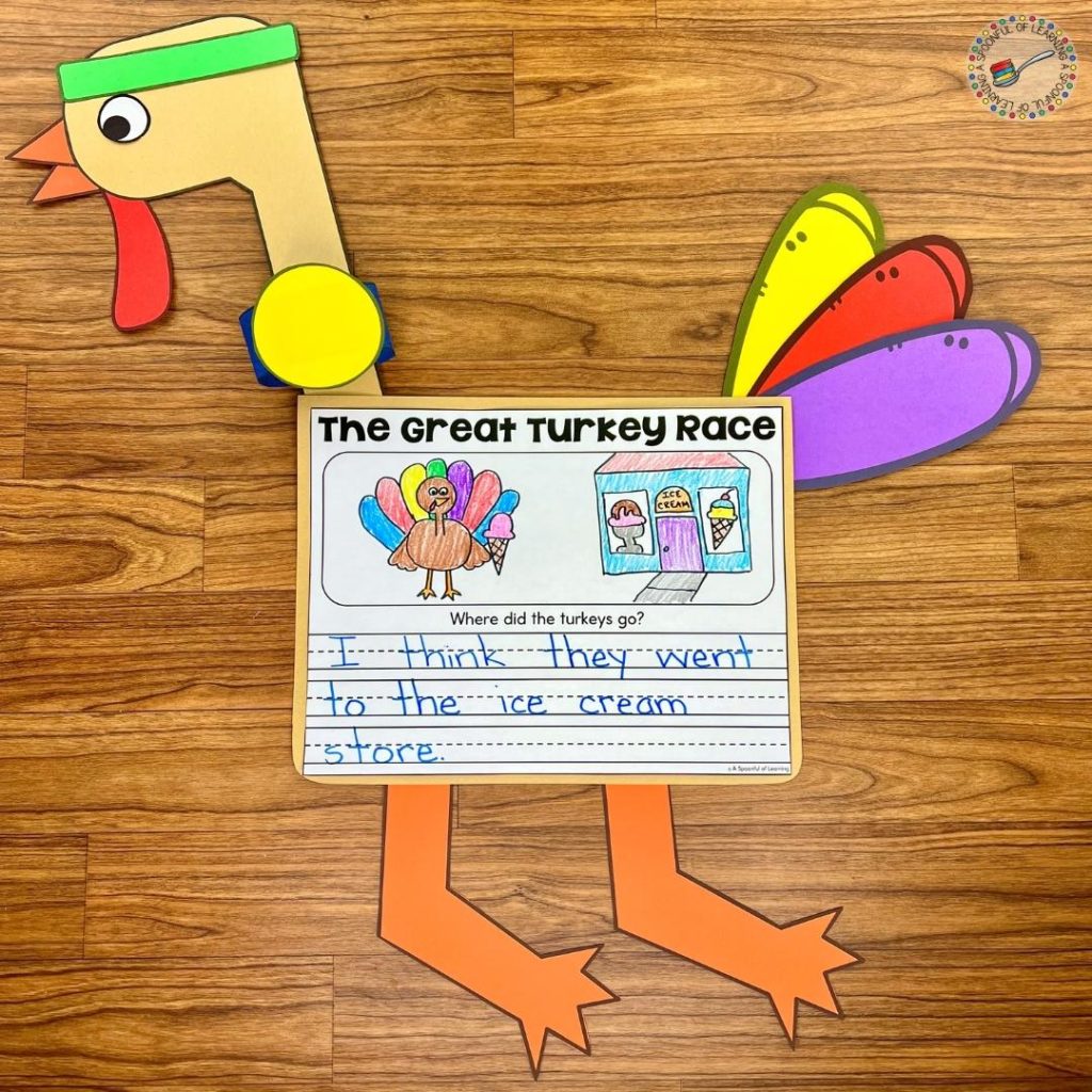 A writing craft for the Great Turkey Race - turkey wearing a green sweat band.