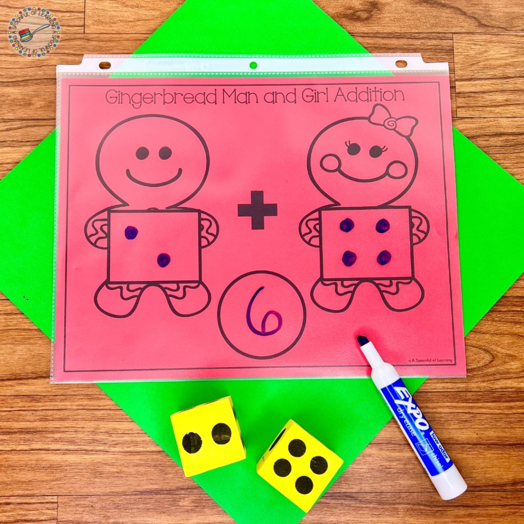 Addition practice mat with dice and sum