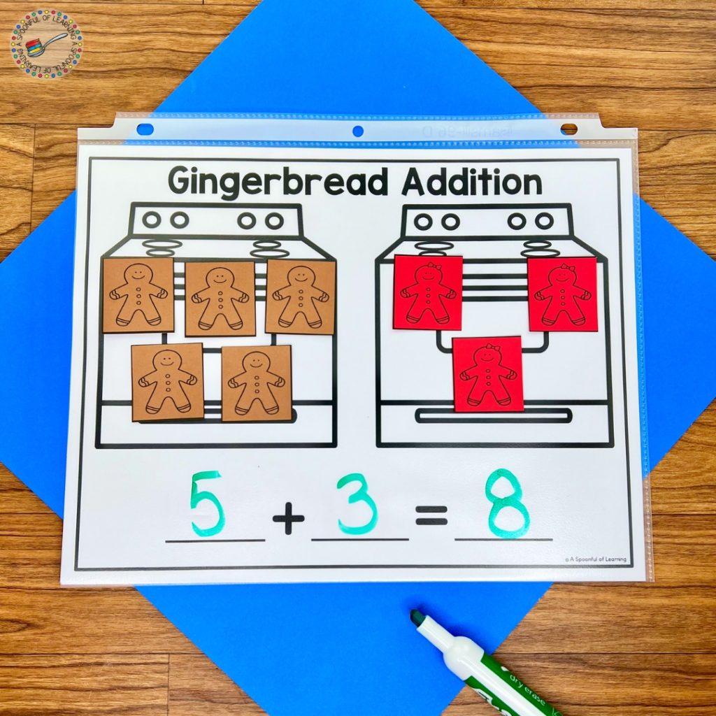 Gingerbread addition practice mat with space to write equation