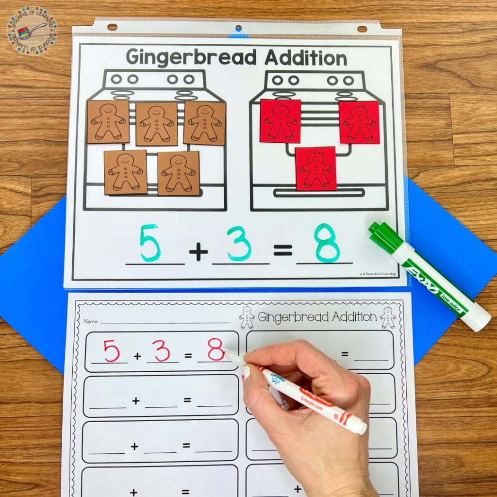 Gingerbread addition practice mat with recording sheet
