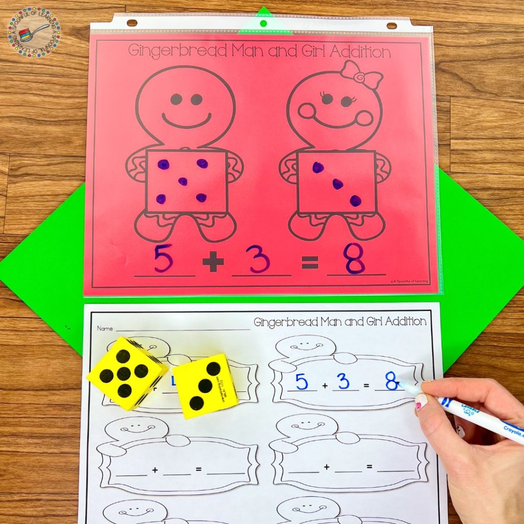 Addition practice mat with dice and recording sheet
