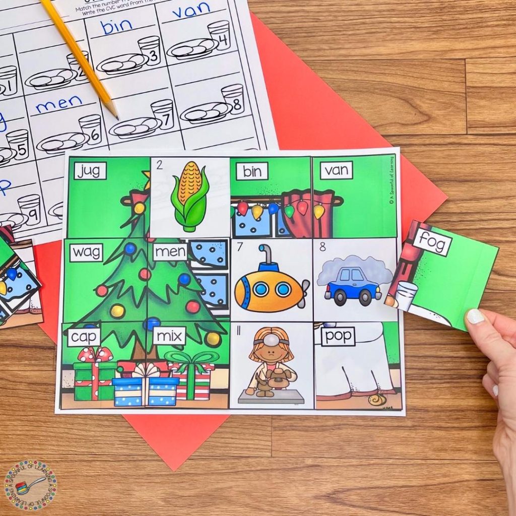 Assembling a holiday picture using CVC word cards
