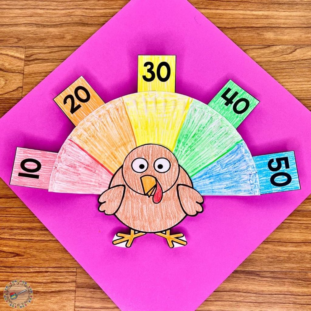 Counting by 10 craft with paper plate turkey